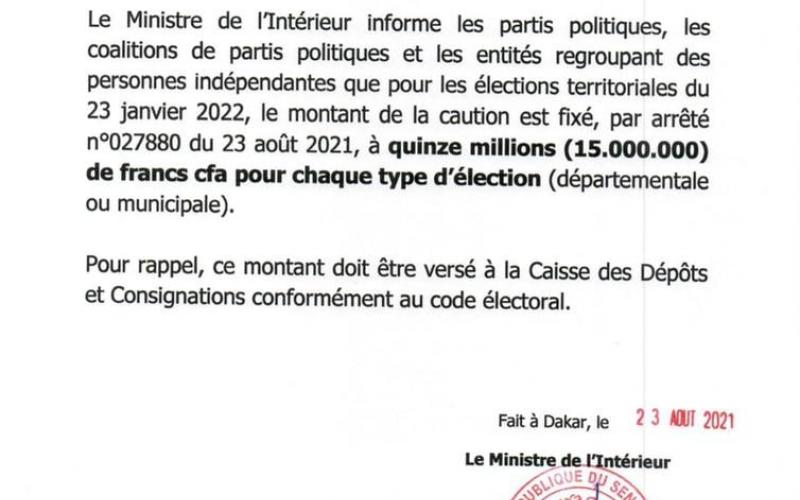 Communiqué du 23 août 2021. La caution pour les élections territoriales fixée à 15.000.000F CFA